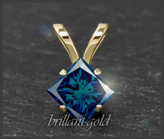 Diamant 585 Gold Anhänger, blau, Prinzess-Schliff